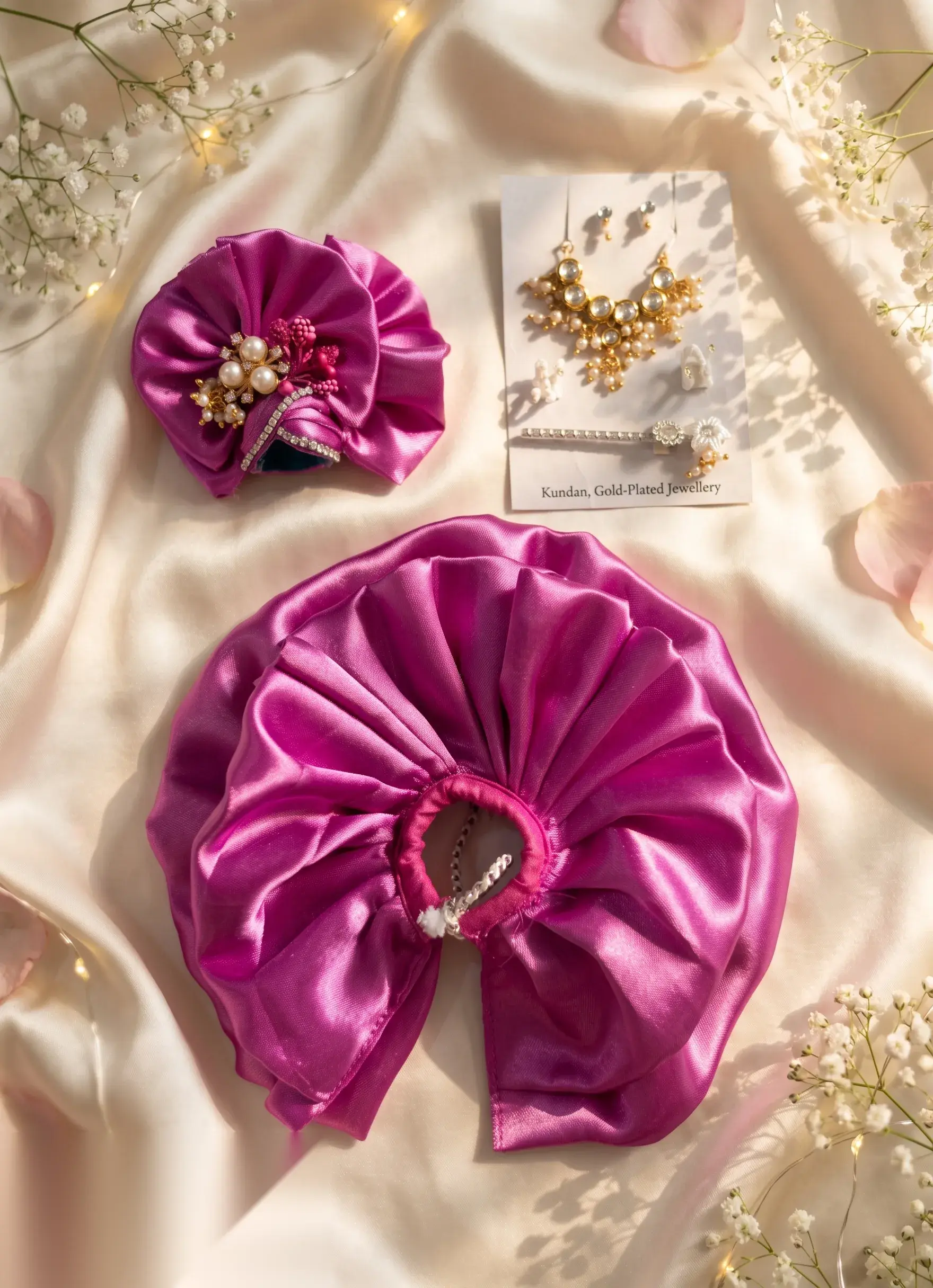 Pleated magenta satin vastram laid flat with a pearl-brooch mukut and a kundan necklace set.