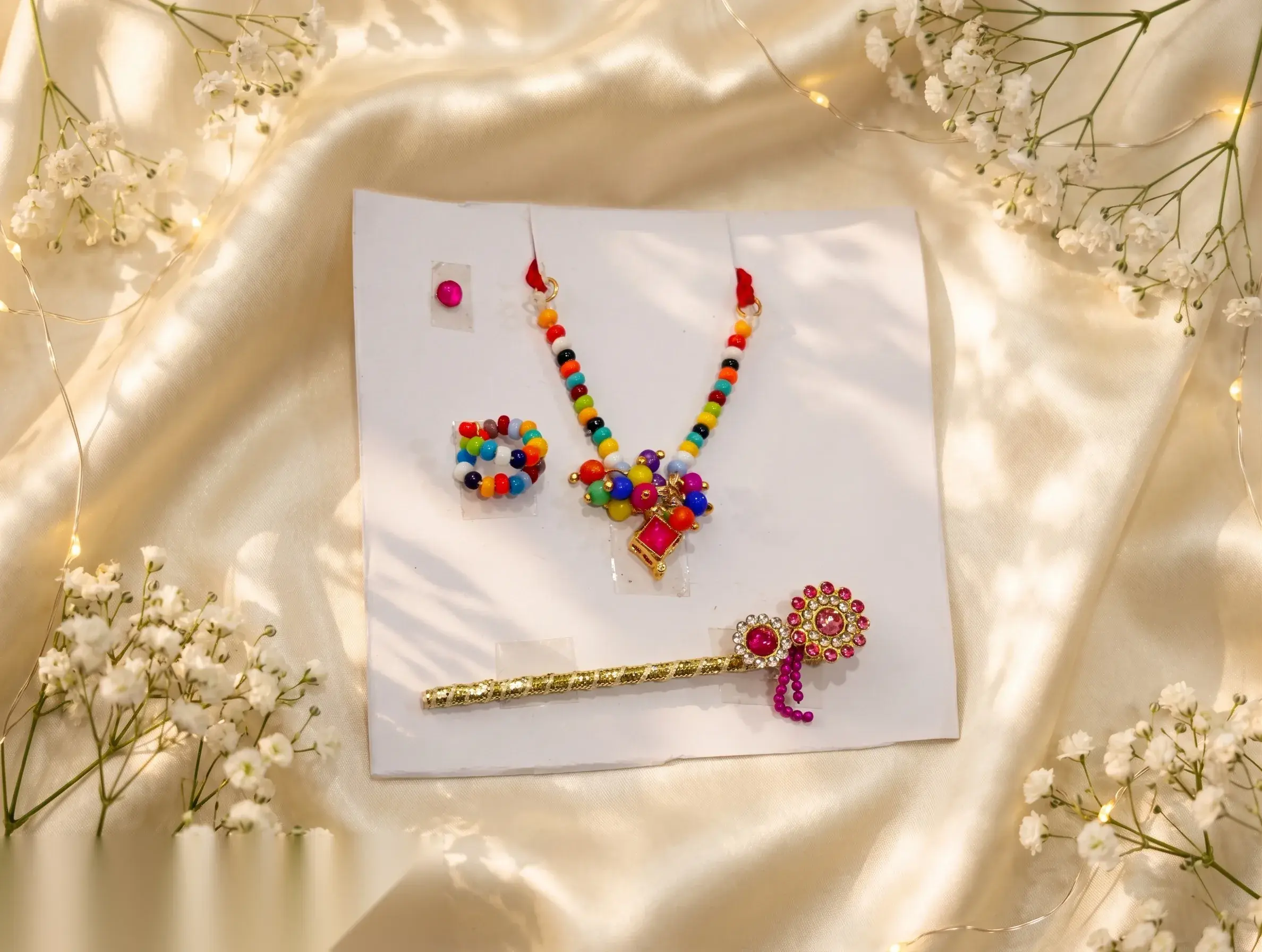 Multicolour beaded necklace with pink kundan pendant, earrings, bangles, and flower mukut pin on display card.