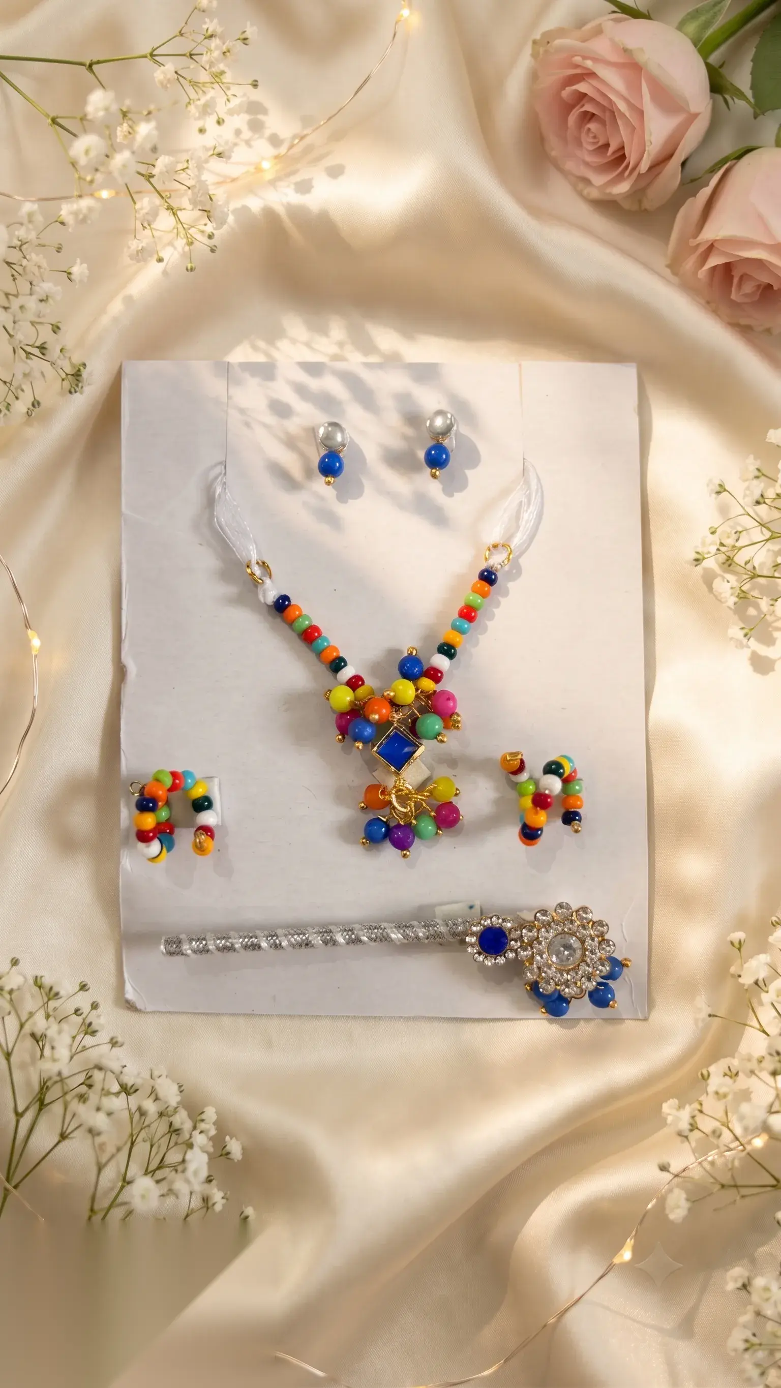 Detailed view of rainbow beaded jewellery set highlighting the blue kundan-style pendant and matching mukut pin.