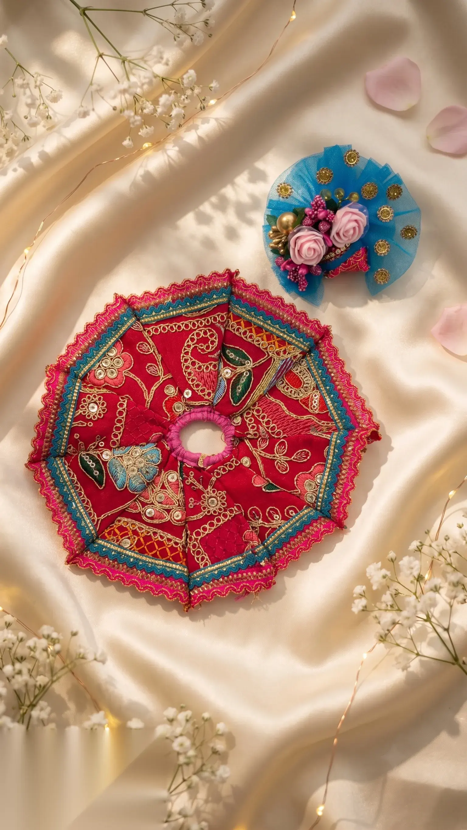 Deep red embroidered octagonal vastram with teal-gold trim and centre blue net rose applique.