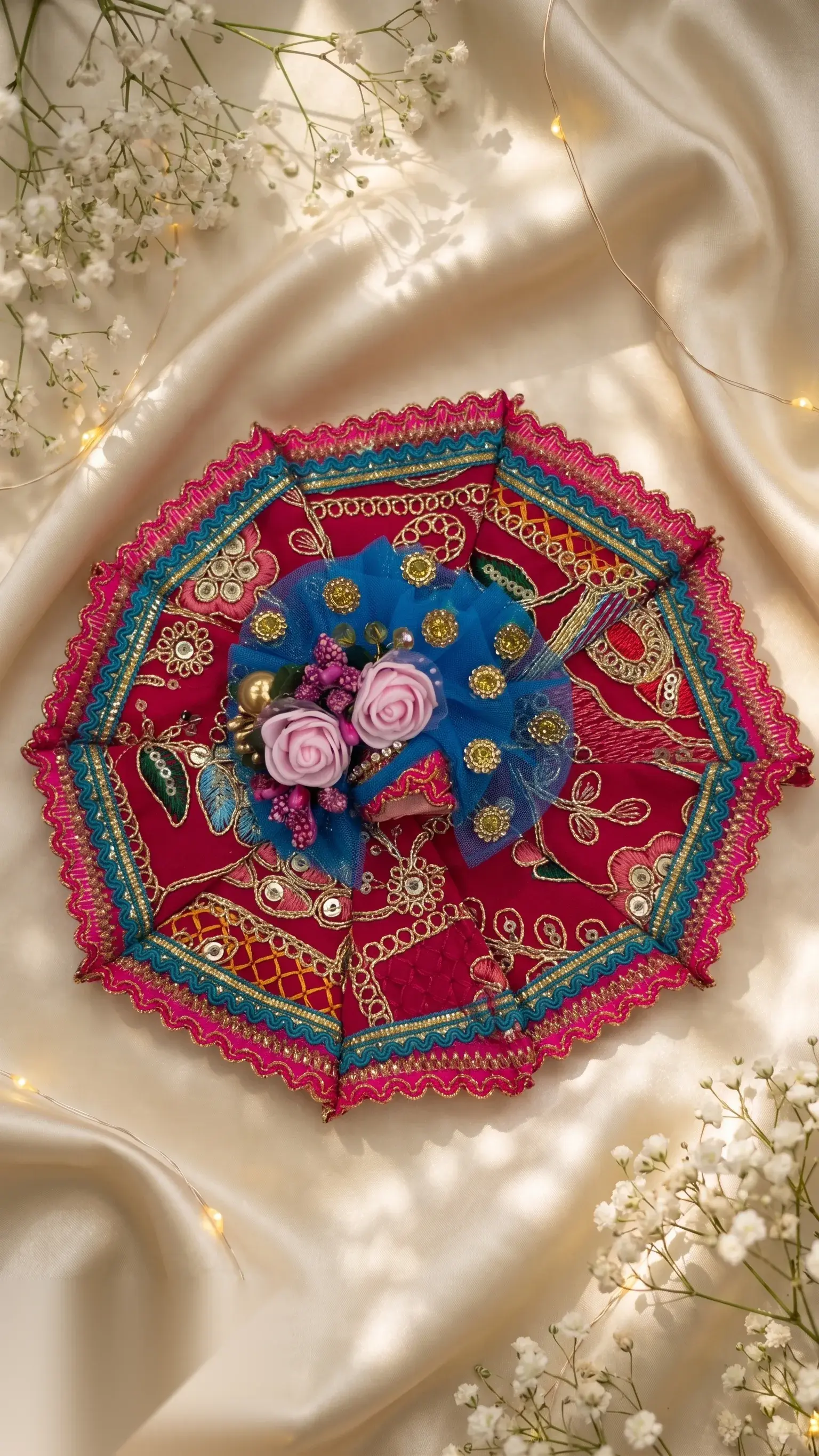 Close-up of floral embroidery detailing and scalloped gold border work on red vastram.