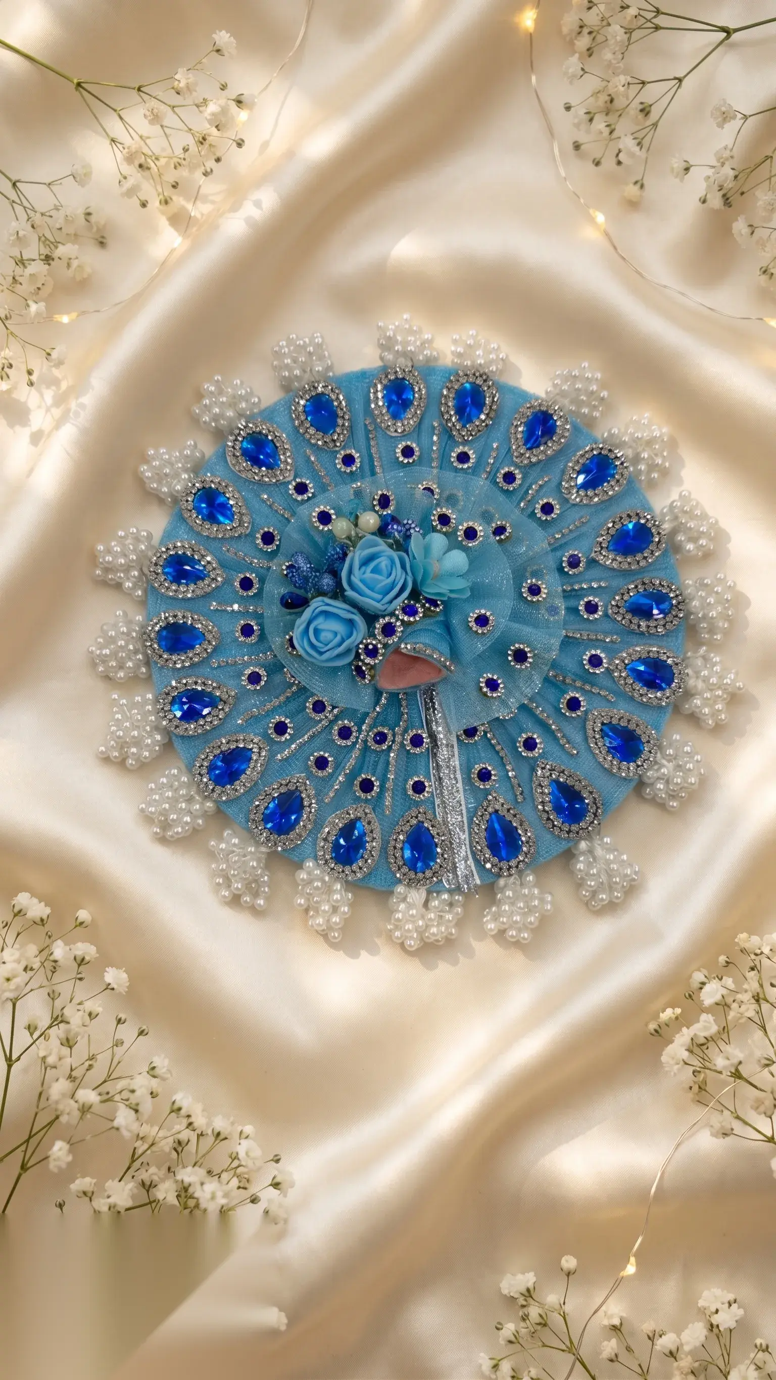 Sky-blue crystal mukut featuring sapphire-tone petals, pearl cluster tassels, and a central blue rose bouquet.